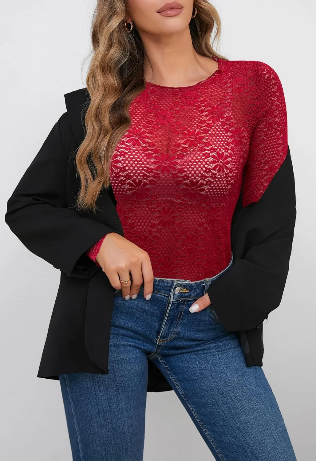 AISEW Womens Lace Floral Long Sleeve Mesh Tops Round Neck Sheer Blouse Sexy See Through Layering Top Shirts