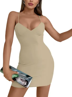 AISEW Womens Sexy V Neck Spaghetti Strap Bodycon Mini Dress Party Slip Short Dresses Beach Sundress with Built-in Bra