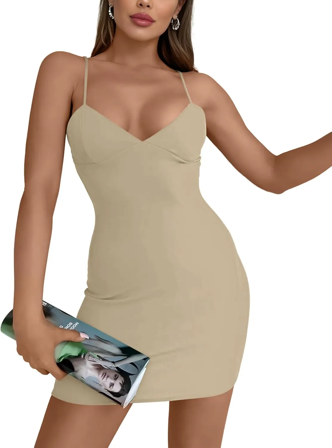 AISEW Womens Sexy V Neck Spaghetti Strap Bodycon Mini Dress Party Slip Short Dresses Beach Sundress with Built-in Bra