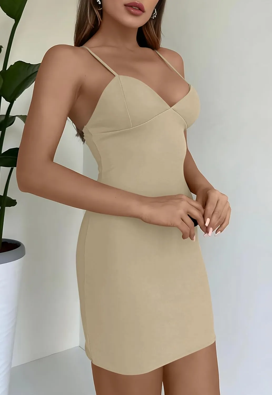 AISEW Womens Sexy V Neck Spaghetti Strap Bodycon Mini Dress Party Slip Short Dresses Beach Sundress with Built-in Bra
