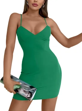 AISEW Womens Sexy V Neck Spaghetti Strap Bodycon Mini Dress Party Slip Short Dresses Beach Sundress with Built-in Bra