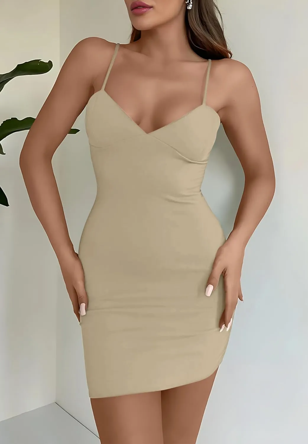 AISEW Womens Sexy V Neck Spaghetti Strap Bodycon Mini Dress Party Slip Short Dresses Beach Sundress with Built-in Bra