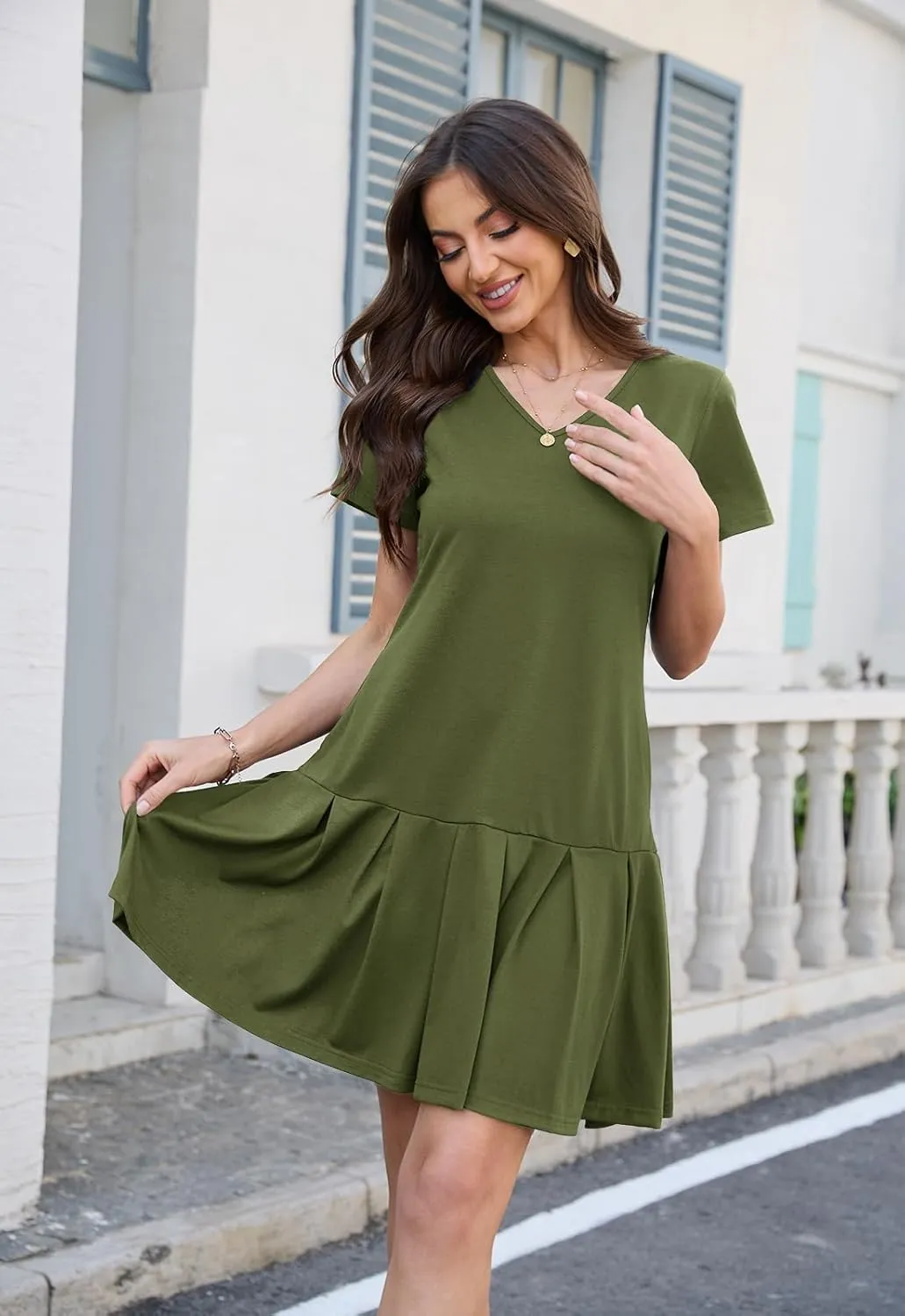 Alaster Queen Womens 2025 Summer T Shirt Pleated Dress Short Sleeve Casual Swing Tunic Dress with Pockets