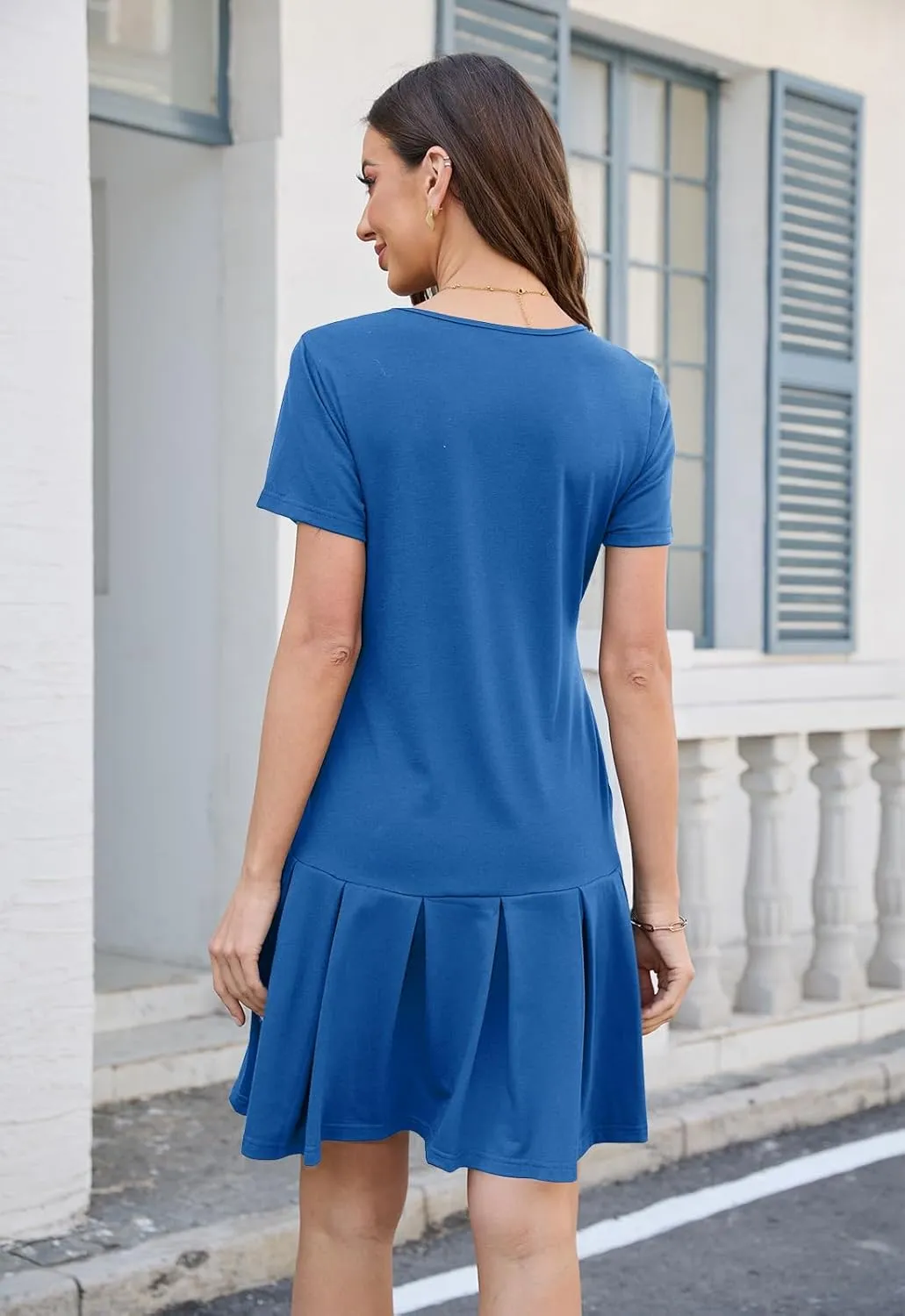 Alaster Queen Womens 2025 Summer T Shirt Pleated Dress Short Sleeve Casual Swing Tunic Dress with Pockets