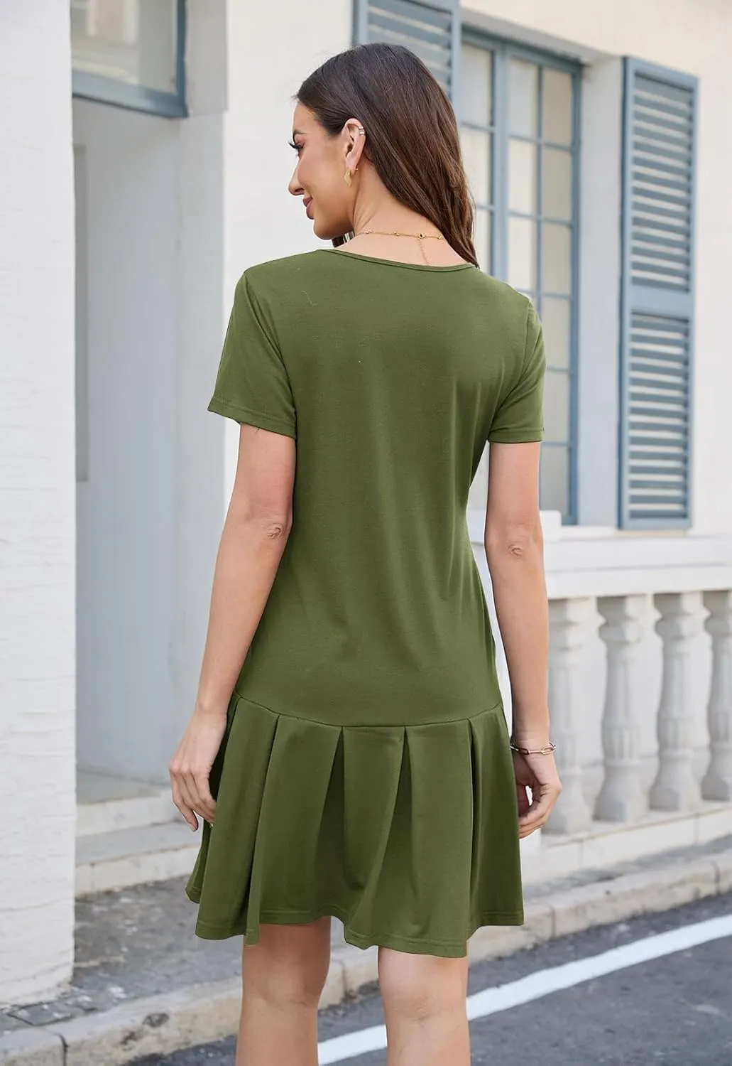 Alaster Queen Womens 2025 Summer T Shirt Pleated Dress Short Sleeve Casual Swing Tunic Dress with Pockets