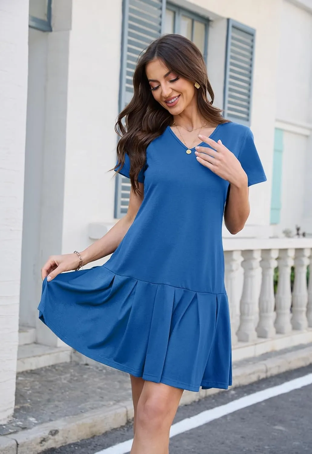 Alaster Queen Womens 2025 Summer T Shirt Pleated Dress Short Sleeve Casual Swing Tunic Dress with Pockets