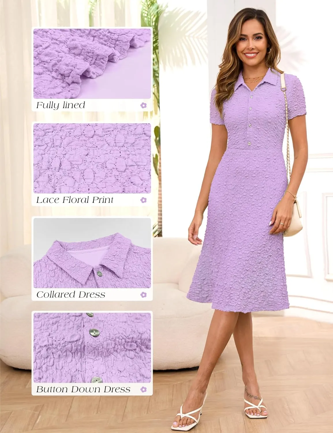 Annebouti Womens 2025 Spring Summer Short Sleeve Elegant Lace Button Down Semi-Formal Work Business Casual Midi Dress