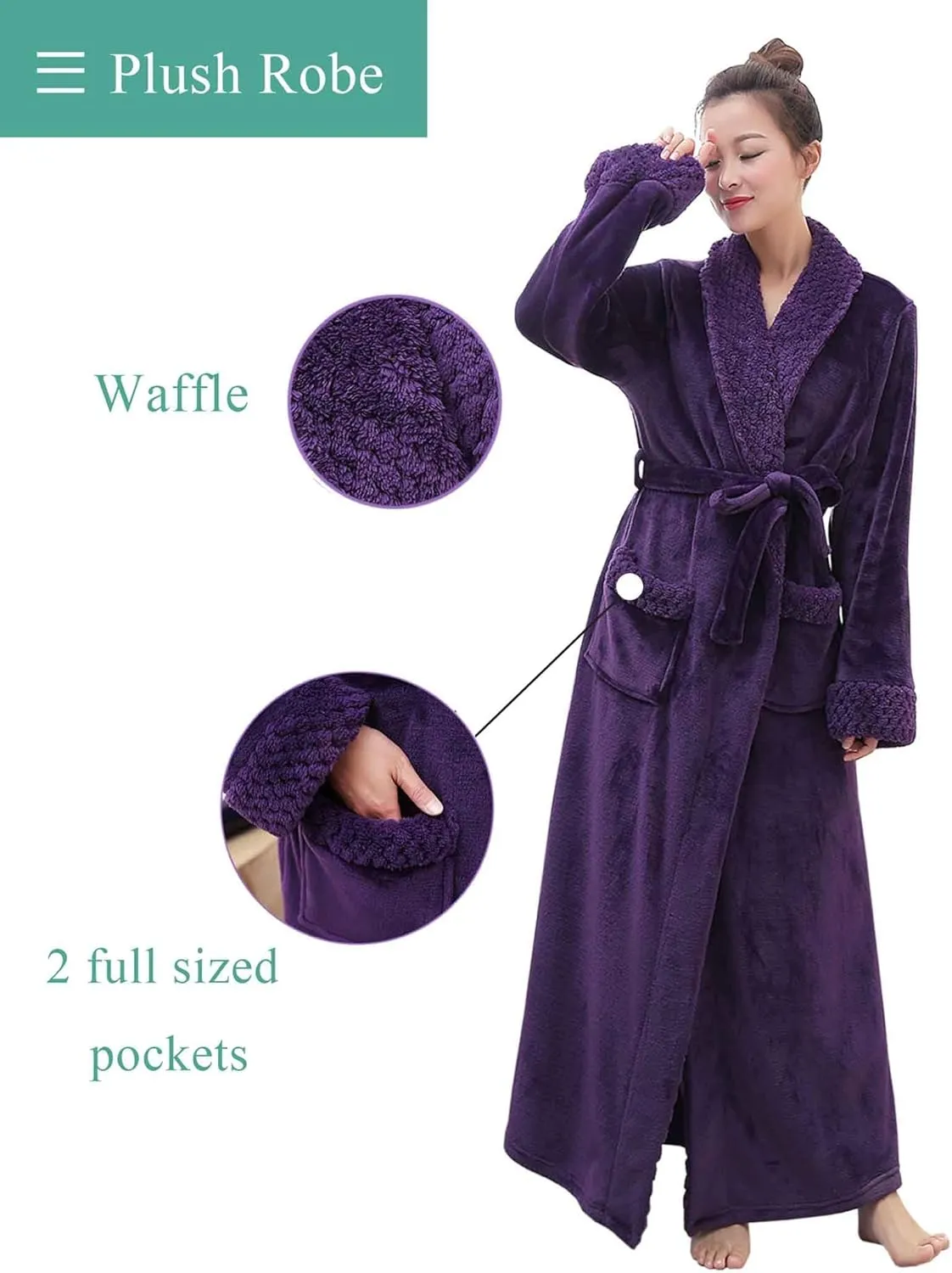 Artfasion Womens Long Fleece Robe - Warm Soft Floor Length Flannel Bathrobes for Winter Thicker Long House Coat with Pockets