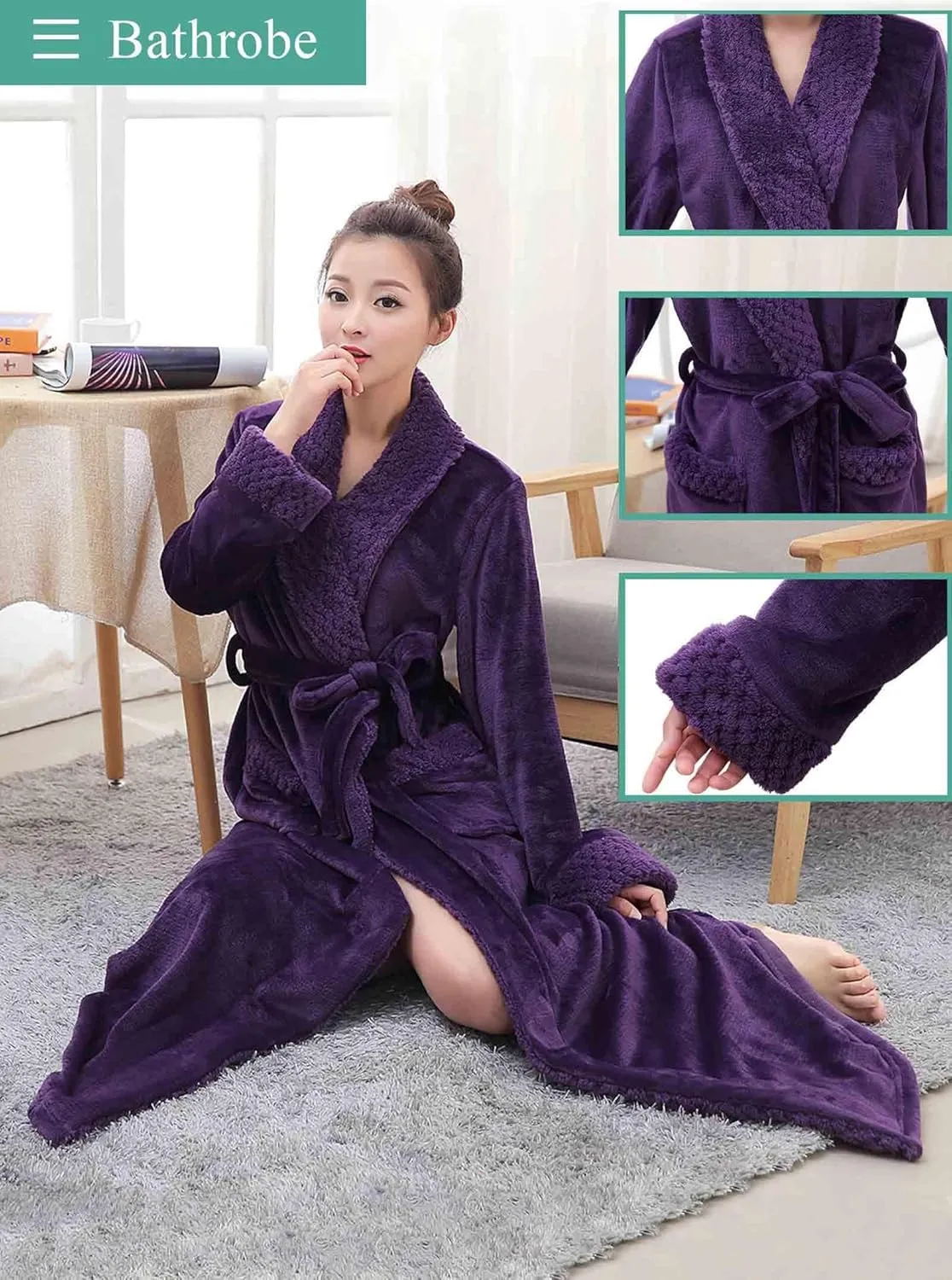 Artfasion Womens Long Fleece Robe - Warm Soft Floor Length Flannel Bathrobes for Winter Thicker Long House Coat with Pockets