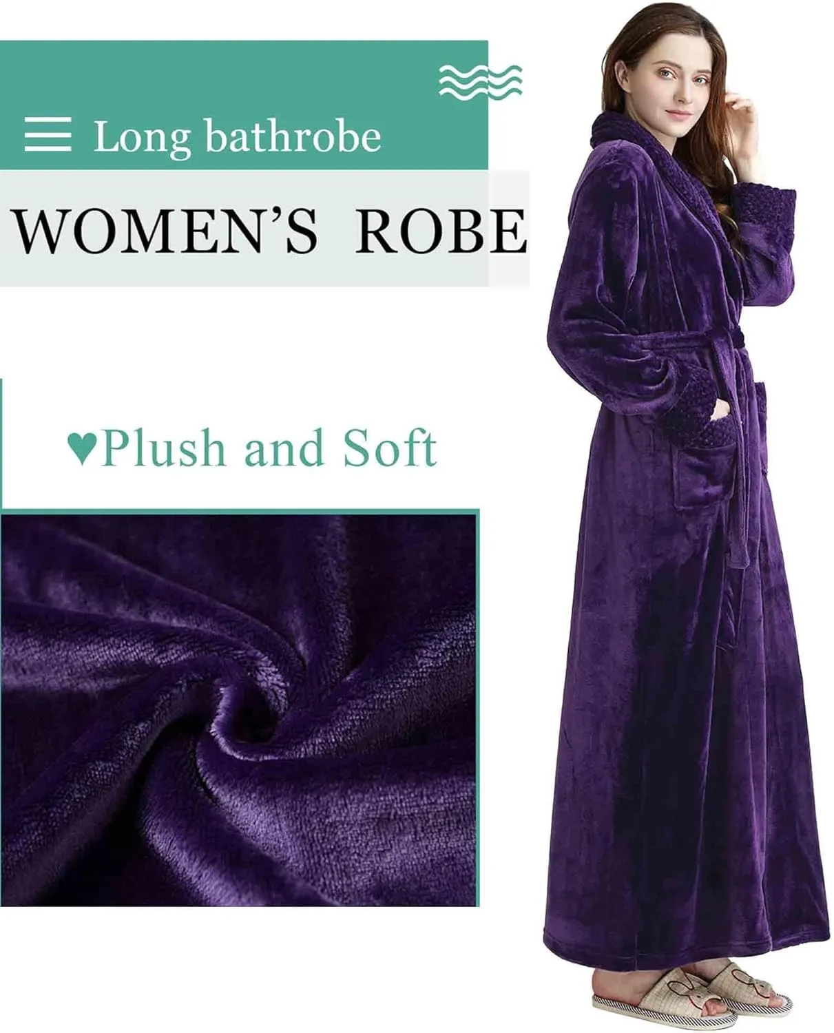 Artfasion Womens Long Fleece Robe - Warm Soft Floor Length Flannel Bathrobes for Winter Thicker Long House Coat with Pockets