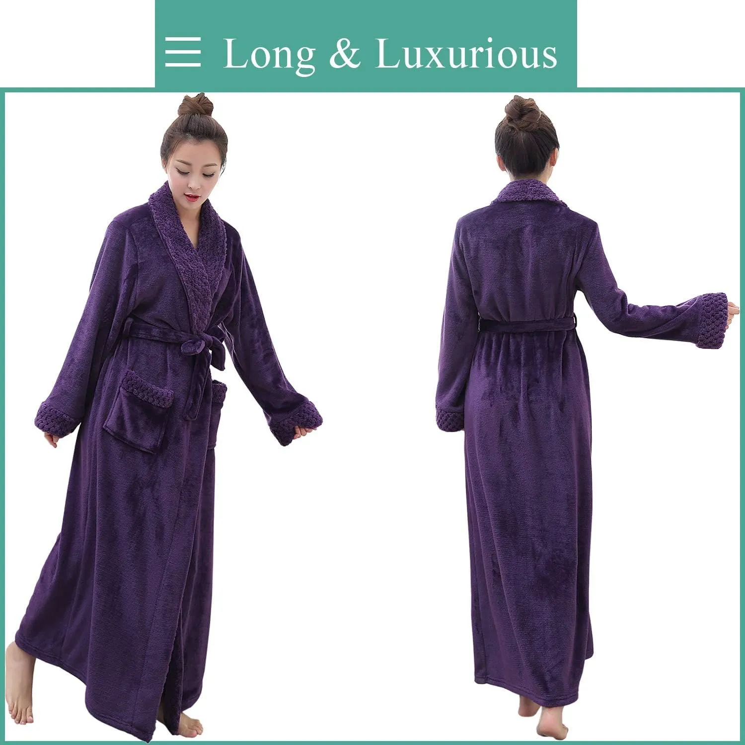 Artfasion Womens Long Fleece Robe - Warm Soft Floor Length Flannel Bathrobes for Winter Thicker Long House Coat with Pockets