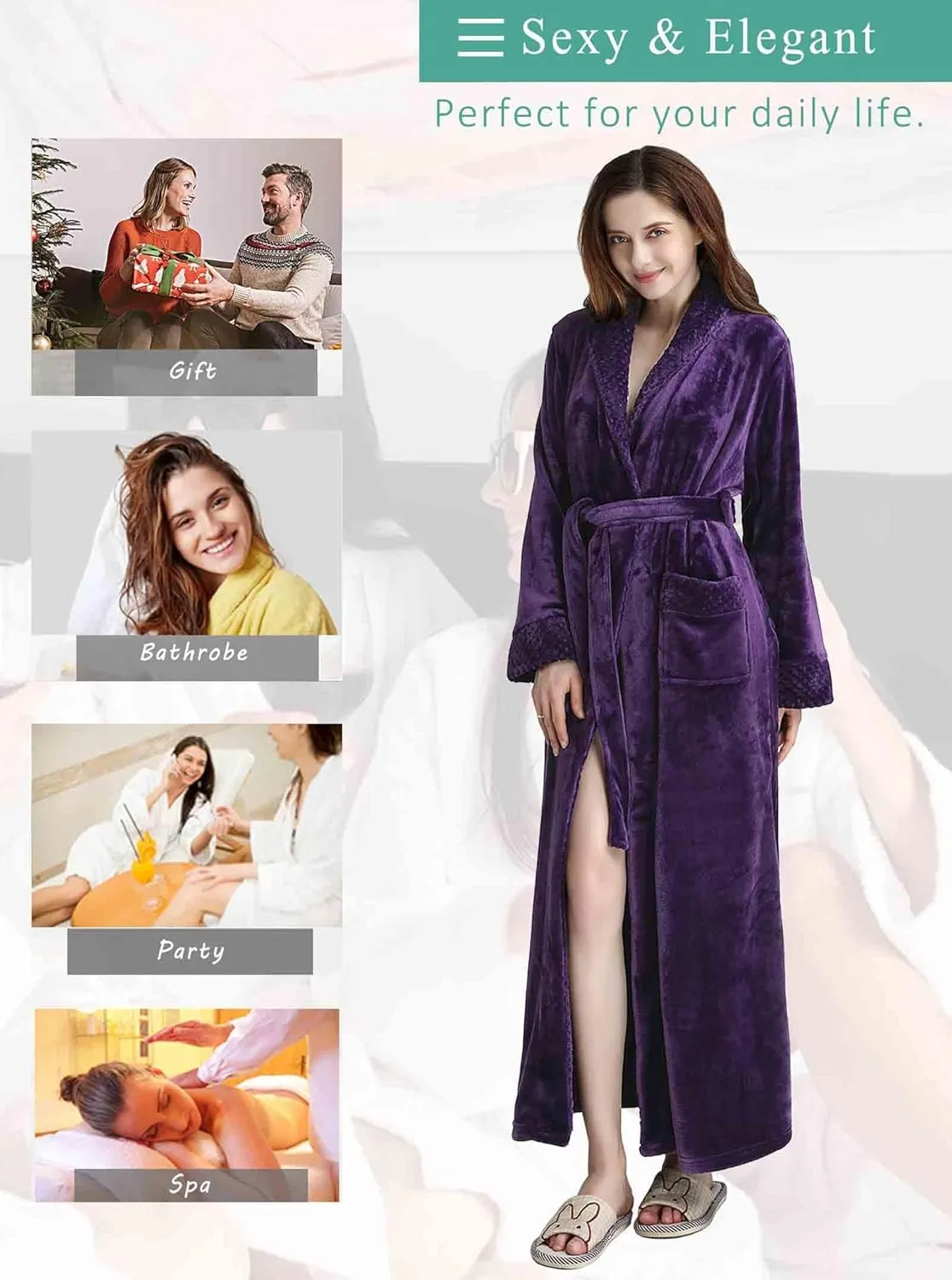 Artfasion Womens Long Fleece Robe - Warm Soft Floor Length Flannel Bathrobes for Winter Thicker Long House Coat with Pockets