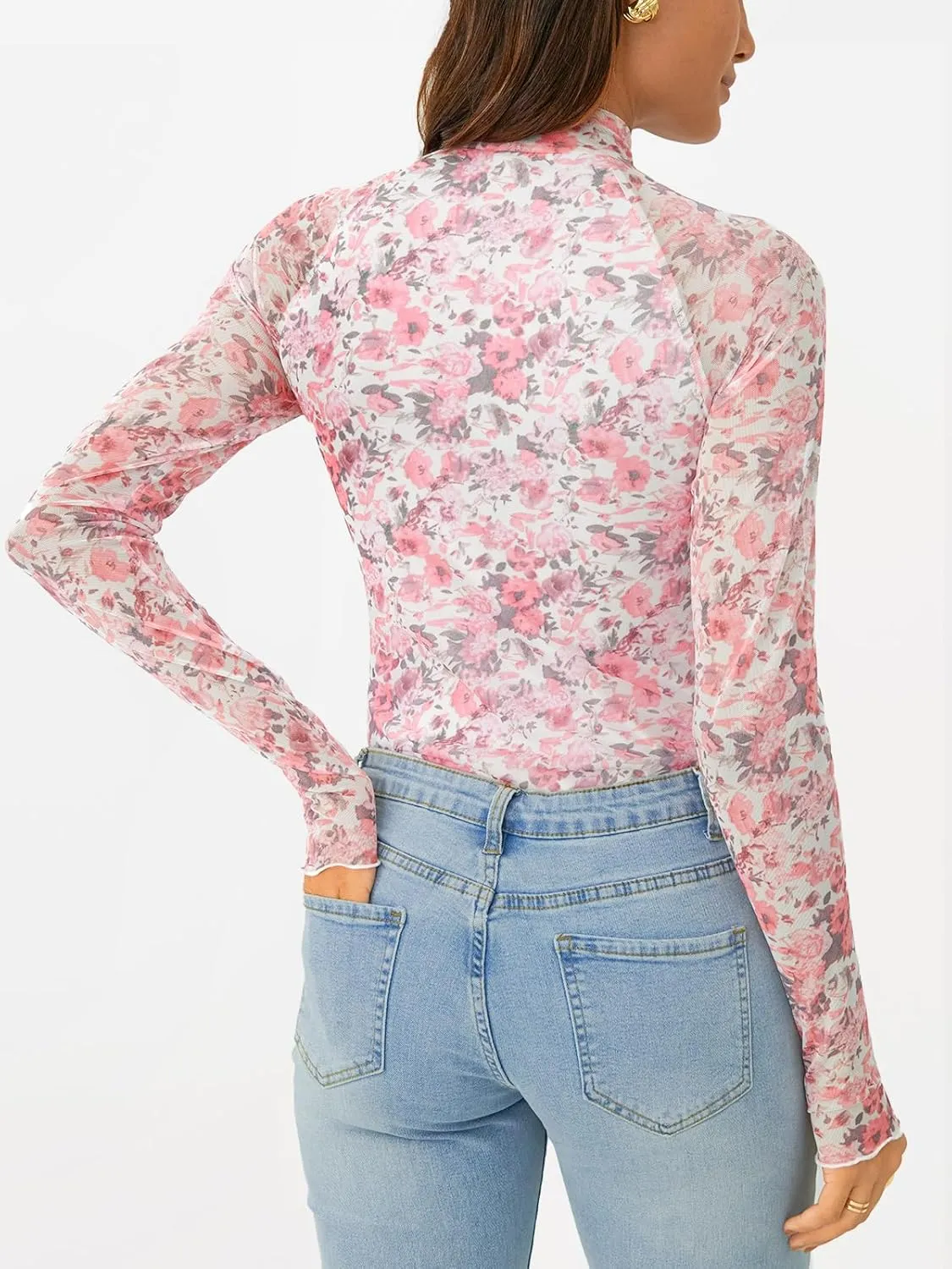 AUTOMET Lace Long Sleeve Floral Mesh Mockneck Going Out Tops for Women Spring Fashion Outfits 2025