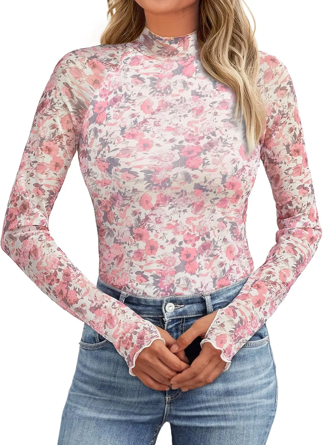 AUTOMET Lace Long Sleeve Floral Mesh Mockneck Going Out Tops for Women Spring Fashion Outfits 2025
