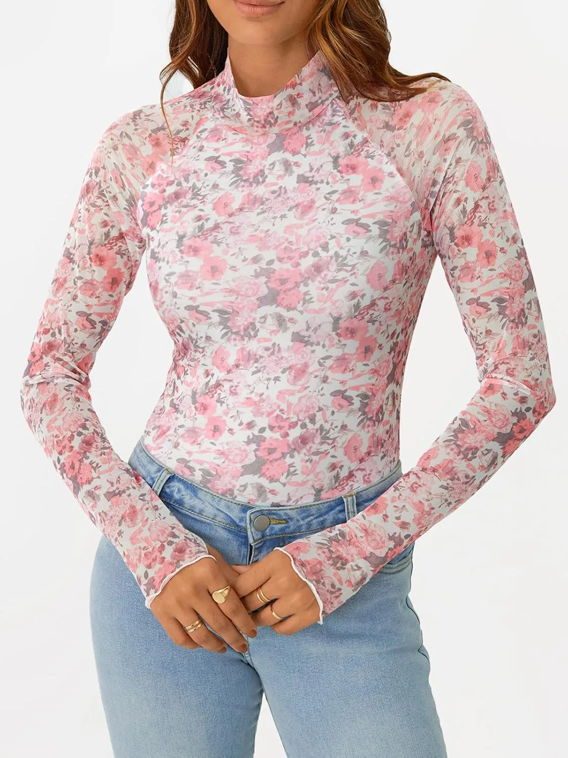 AUTOMET Lace Long Sleeve Floral Mesh Mockneck Going Out Tops for Women Spring Fashion Outfits 2025