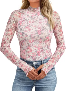 AUTOMET Lace Long Sleeve Floral Mesh Mockneck Going Out Tops for Women Spring Fashion Outfits 2025