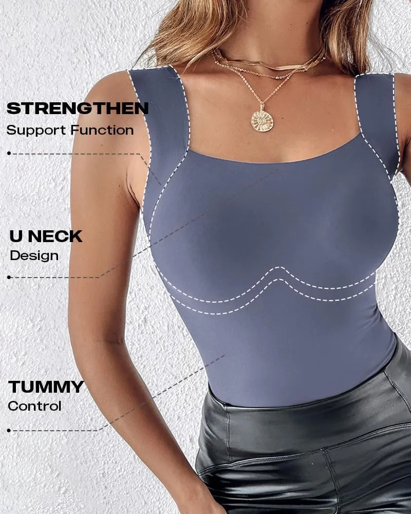 CHICME Womens U Neck Shapewear Built-in Bra Tank High Strechy Sleeveless Slim Fit Tops Camisole Workout Tops