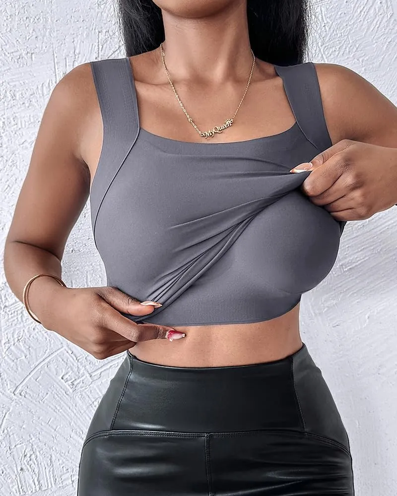 CHICME Womens U Neck Shapewear Built-in Bra Tank High Strechy Sleeveless Slim Fit Tops Camisole Workout Tops