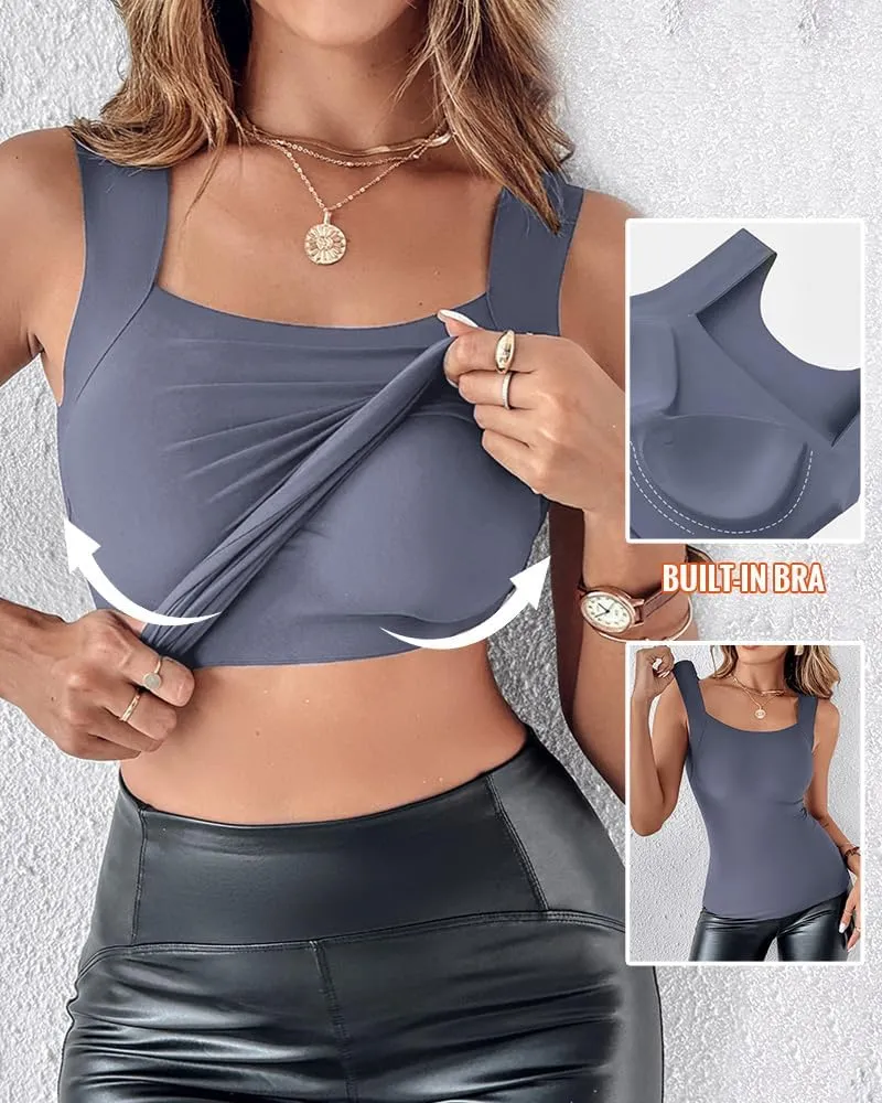 CHICME Womens U Neck Shapewear Built-in Bra Tank High Strechy Sleeveless Slim Fit Tops Camisole Workout Tops