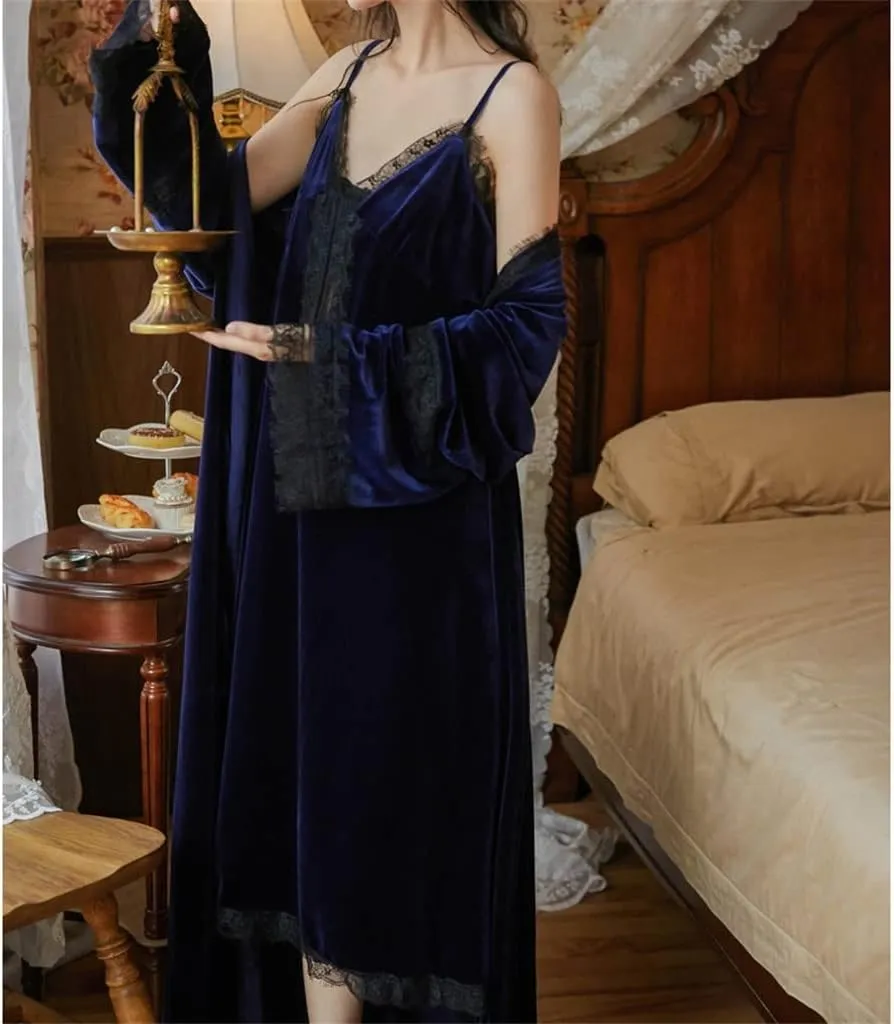 CSCDD Night Dress Long-Sleeved Robe Set V-Neck Lace Edge Bathrobe Gold Velvet Winter Loungewear Kimono(M Code)