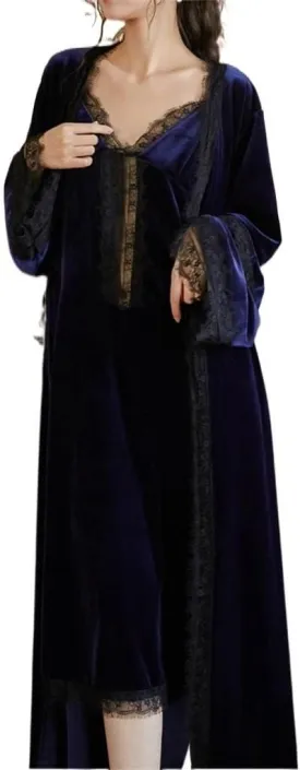 CSCDD Night Dress Long-Sleeved Robe Set V-Neck Lace Edge Bathrobe Gold Velvet Winter Loungewear Kimono(M Code)
