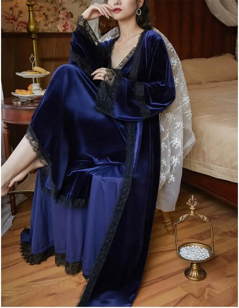 CSCDD Night Dress Long-Sleeved Robe Set V-Neck Lace Edge Bathrobe Gold Velvet Winter Loungewear Kimono(M Code)