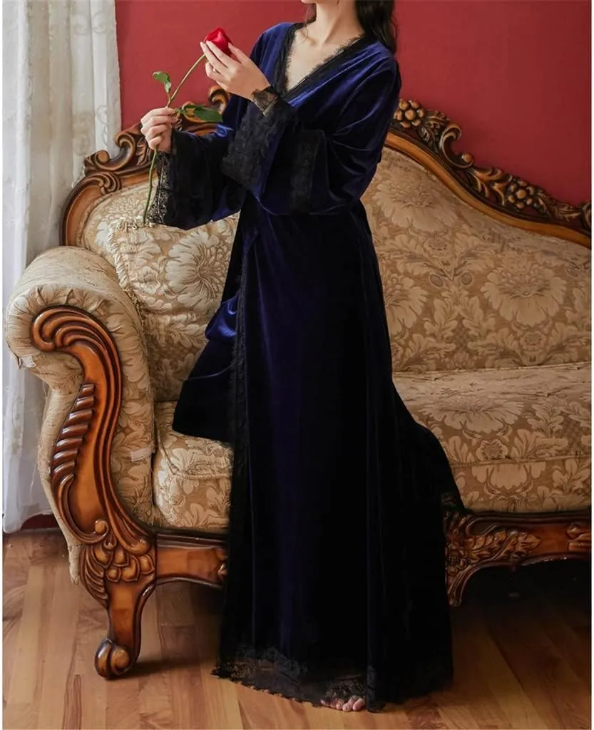 CSCDD Night Dress Long-Sleeved Robe Set V-Neck Lace Edge Bathrobe Gold Velvet Winter Loungewear Kimono(M Code)