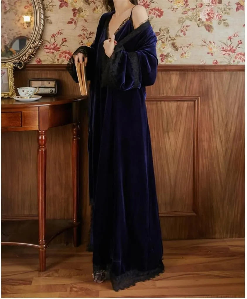 CSCDD Night Dress Long-Sleeved Robe Set V-Neck Lace Edge Bathrobe Gold Velvet Winter Loungewear Kimono(M Code)