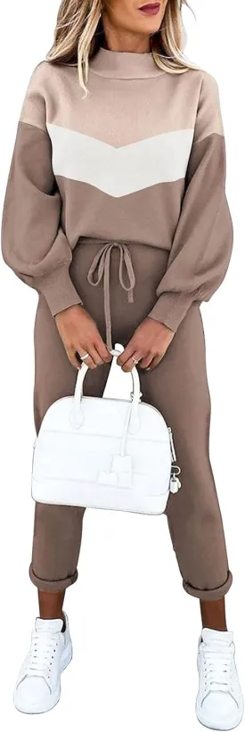 Cutiefox Women's 2 Piece Sweatsuit Outfits Lantern Sleeve Pullover Tops and High Waist Jogger Pants Lounge Sets