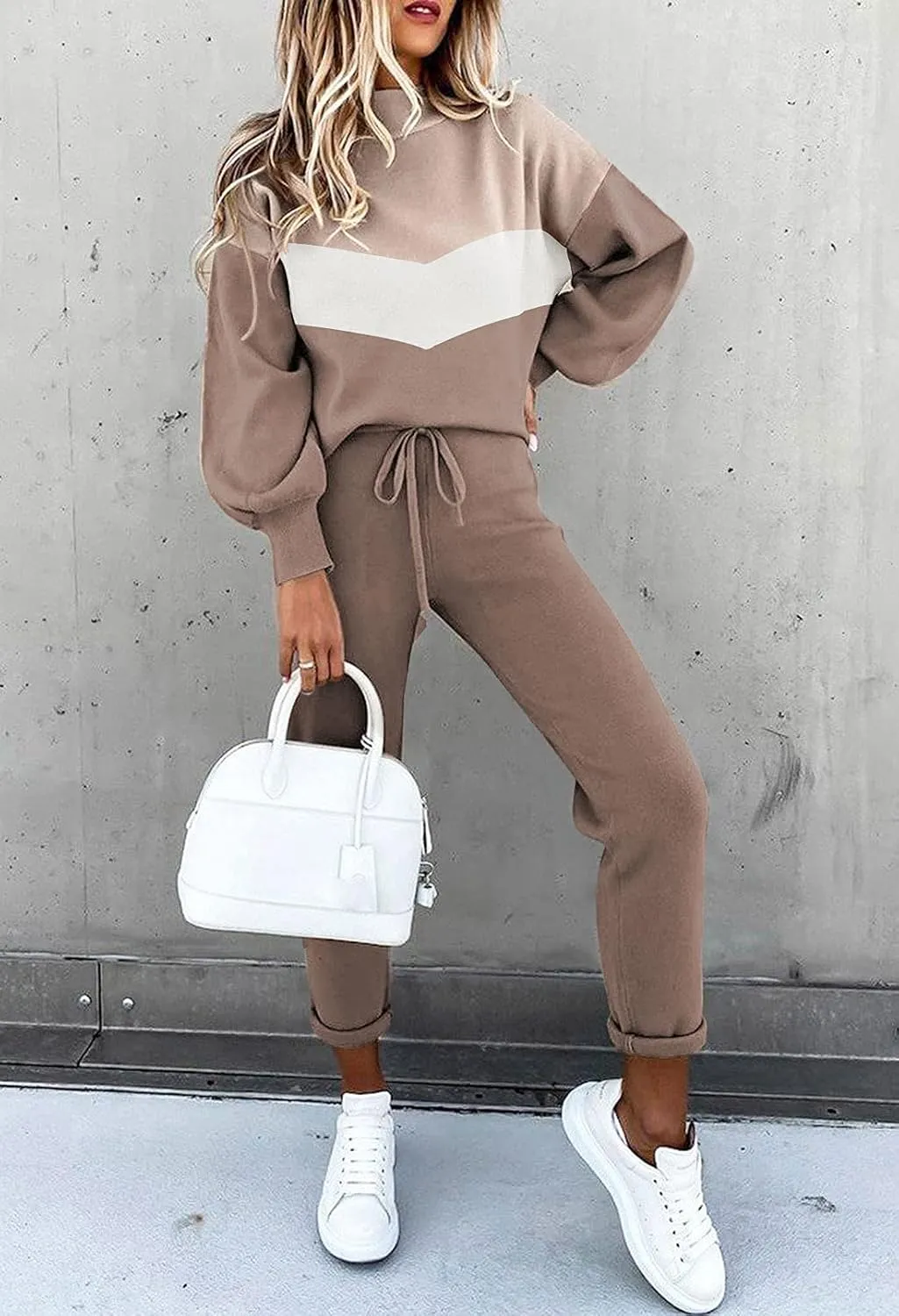 Cutiefox Women's 2 Piece Sweatsuit Outfits Lantern Sleeve Pullover Tops and High Waist Jogger Pants Lounge Sets