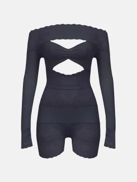 Davina Sleeved Romper Lace Raven Black