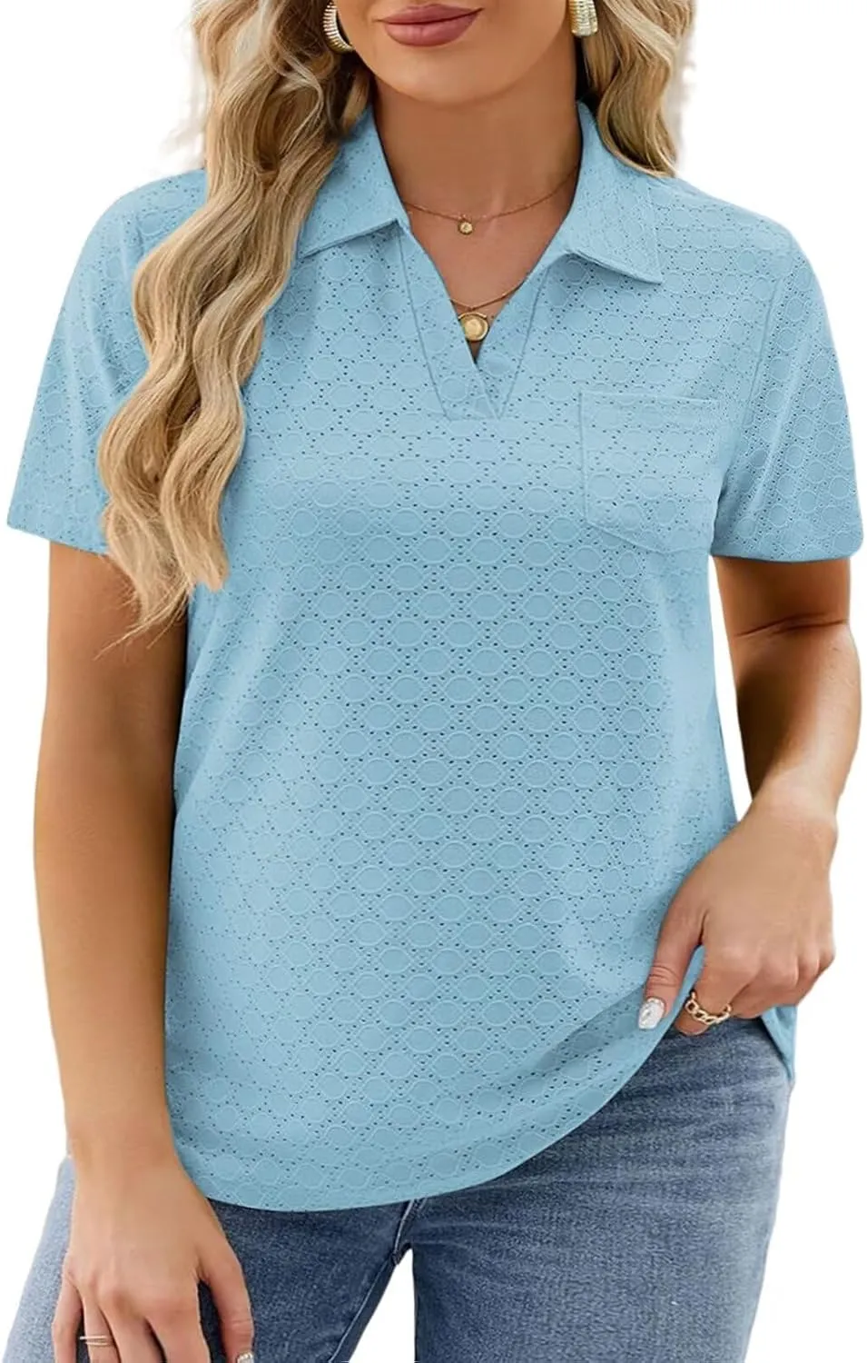 DOLNINE Plus Size Tops for Women Casual Eyelet Lapel Neck Shirts Summer Short Sleeve Tees with Pocket