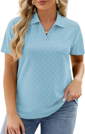 DOLNINE Plus Size Tops for Women Casual Eyelet Lapel Neck Shirts Summer Short Sleeve Tees with Pocket