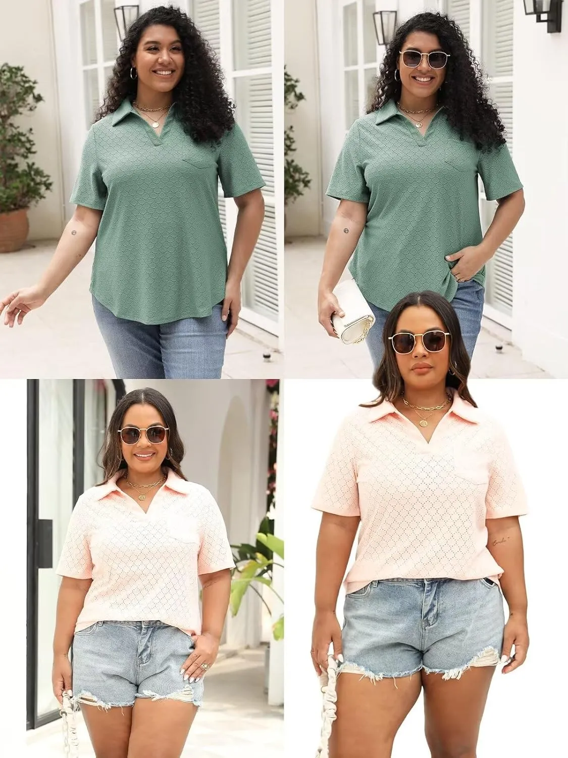 DOLNINE Plus Size Tops for Women Casual Eyelet Lapel Neck Shirts Summer Short Sleeve Tees with Pocket