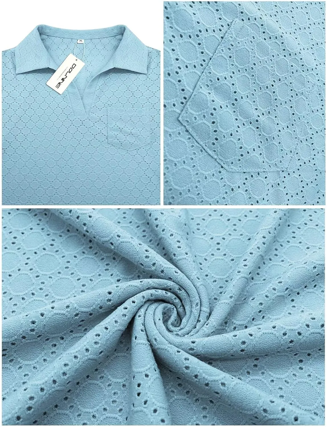 DOLNINE Plus Size Tops for Women Casual Eyelet Lapel Neck Shirts Summer Short Sleeve Tees with Pocket