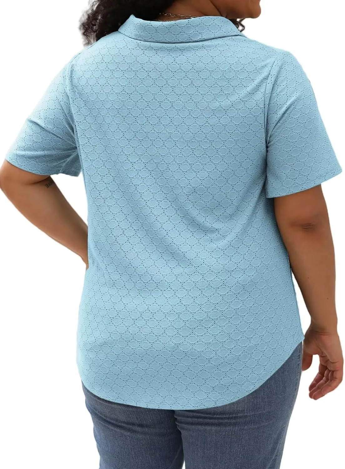DOLNINE Plus Size Tops for Women Casual Eyelet Lapel Neck Shirts Summer Short Sleeve Tees with Pocket