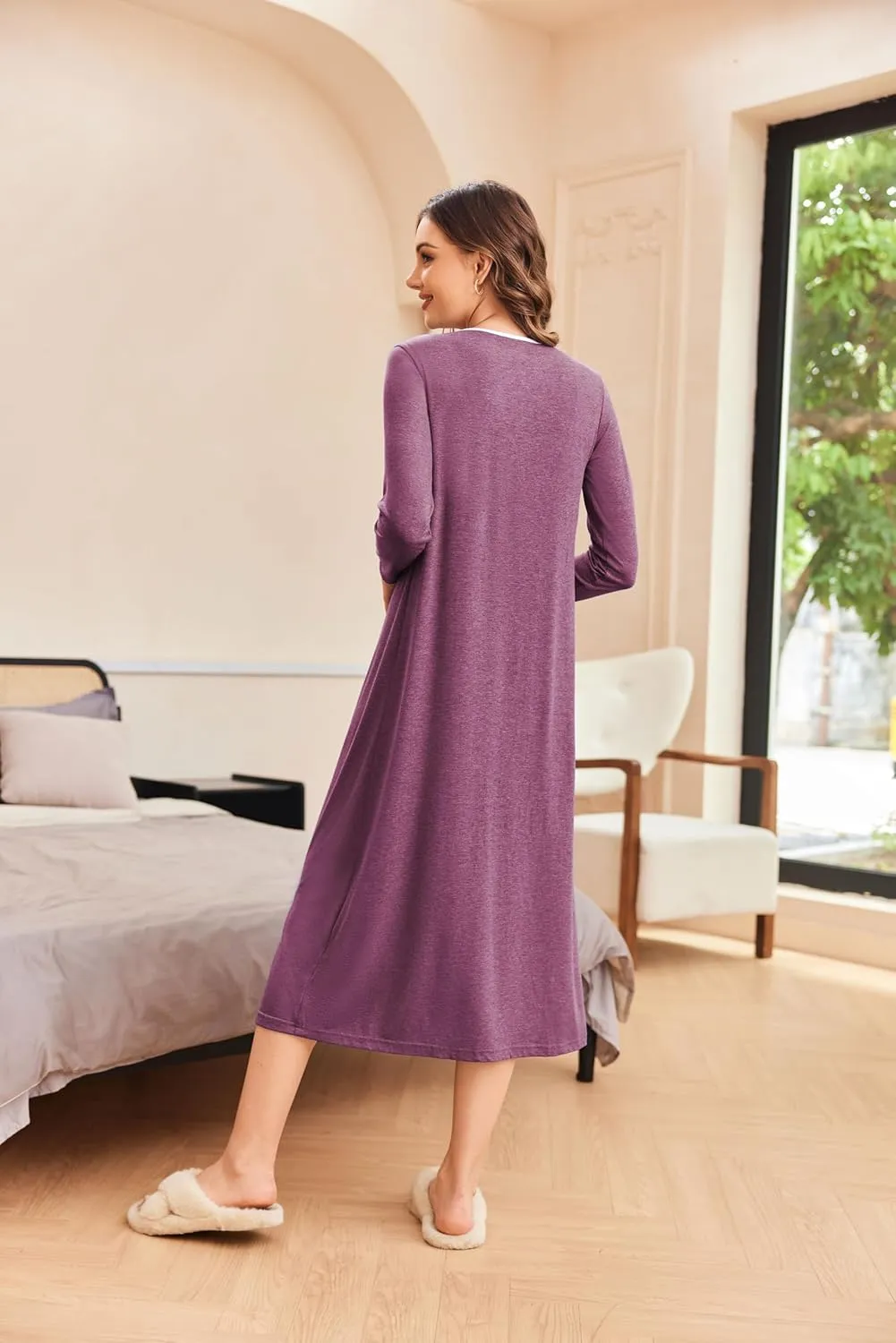 Ekouaer Women Long Sleeve Nightgowns Soft Henley Sleepshirts Full Length Sleep Dress