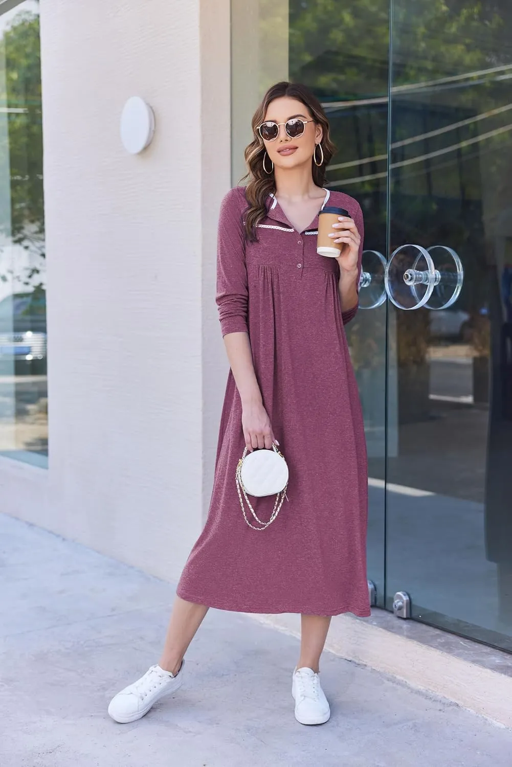 Ekouaer Women Long Sleeve Nightgowns Soft Henley Sleepshirts Full Length Sleep Dress