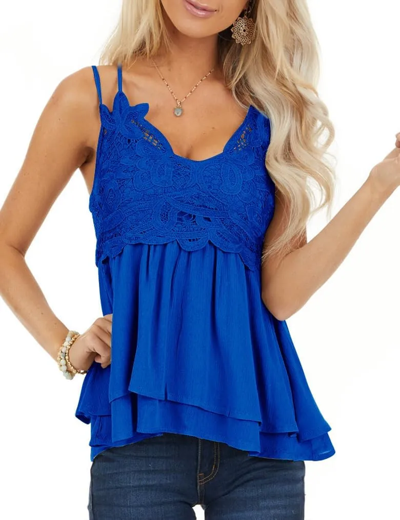 Feager Lace Tank Tops for Women Summer Spaghetti Strap Babydoll Tops Chiffon Cami Sleeveless Shirts
