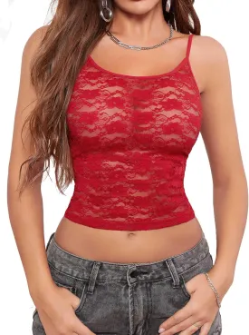 Fem&Fata Women Lace Slim Fit Camisole Y2K Sexy Mesh See Through Tank Top Going Out Top S-XXL