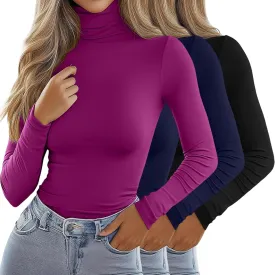 Ficerd 3 Pack Women's Turtleneck Tops, Long Sleeve Casual T-Shirts Slim Fitted Underwear Tops Thermal Base Layer Undershirts