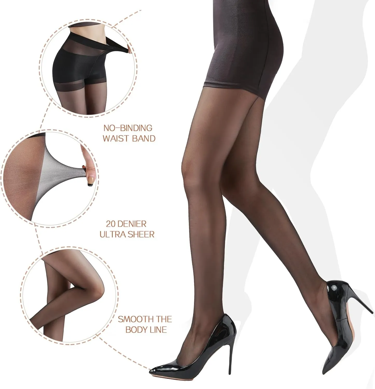 G&Y Women's Backseam Sheer Tights - 20D Control Top Pantyhose with Reinforced Toes