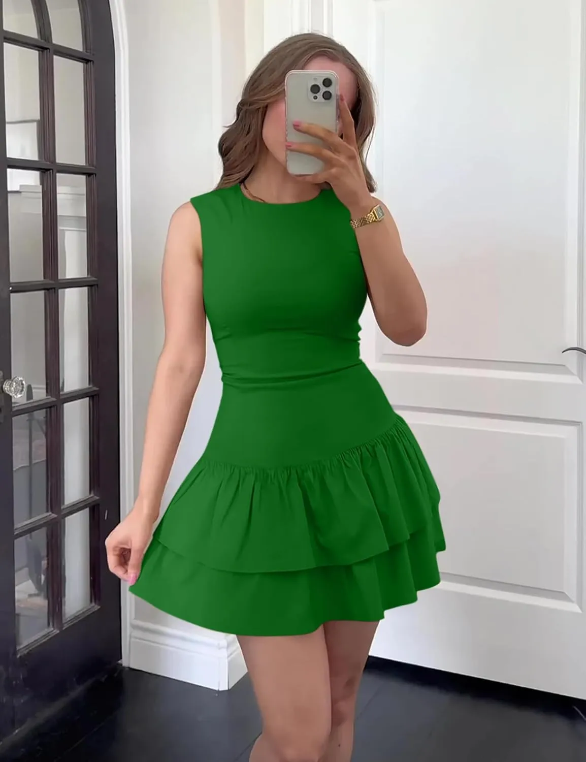 GOKATOSAU Women's Summer Round Neck Cap Sleeve Bodycon Tiered Ruffle Hem Mini Dress
