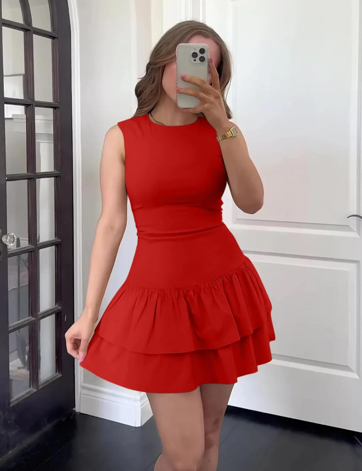 GOKATOSAU Women's Summer Round Neck Cap Sleeve Bodycon Tiered Ruffle Hem Mini Dress