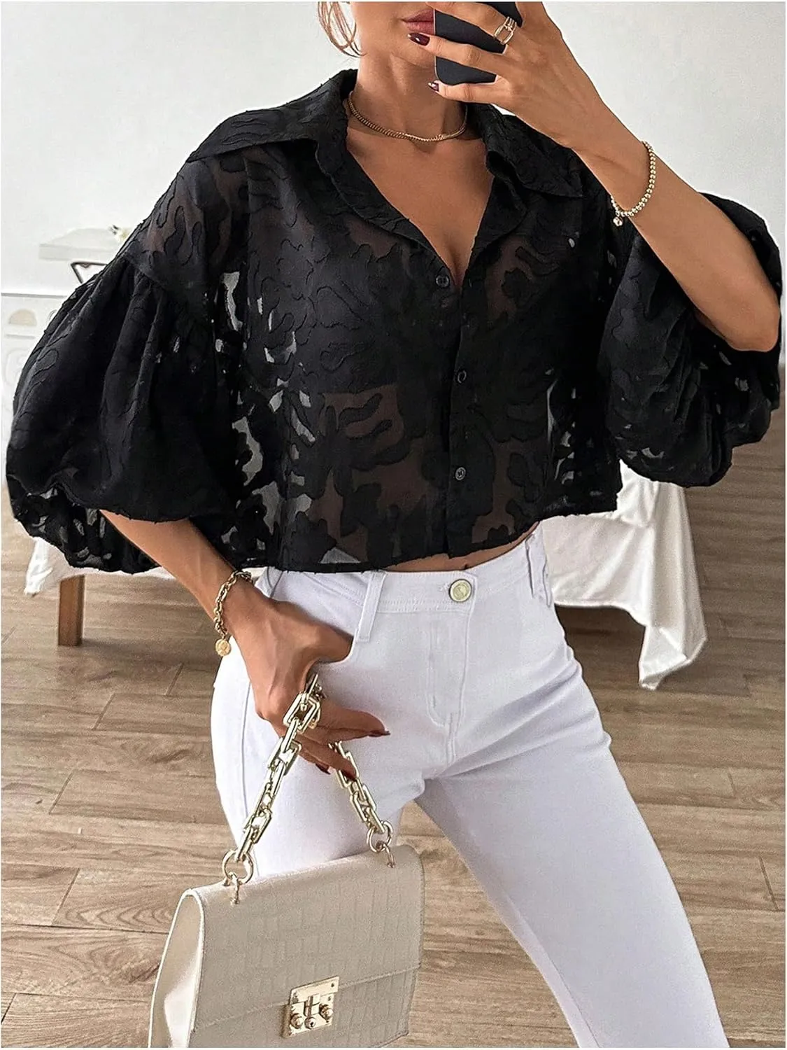 GORGLITTER Women's Sheer Mesh Cropped Button Down Shirts Lantern Sleeve Collar Blouse