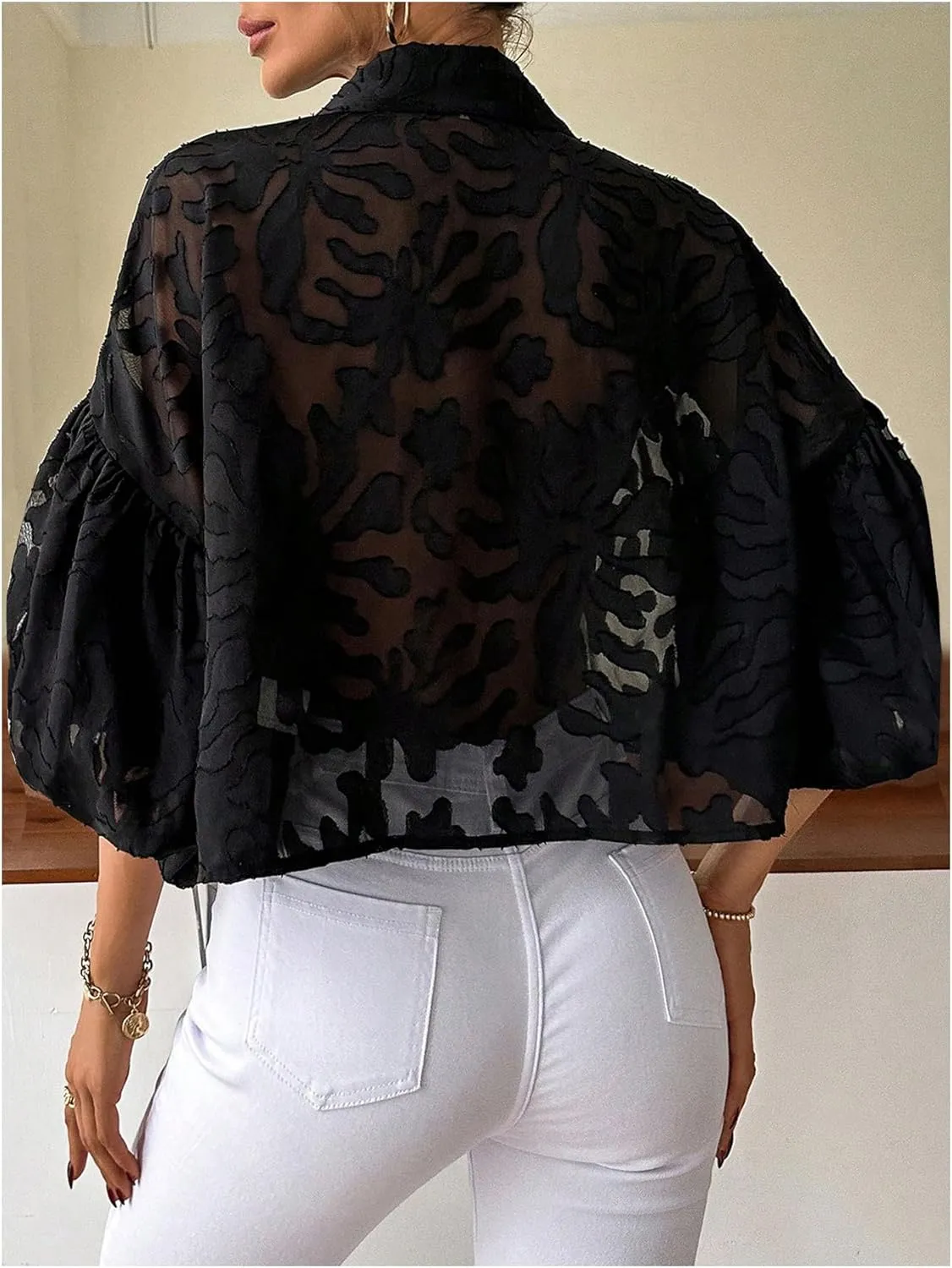 GORGLITTER Women's Sheer Mesh Cropped Button Down Shirts Lantern Sleeve Collar Blouse