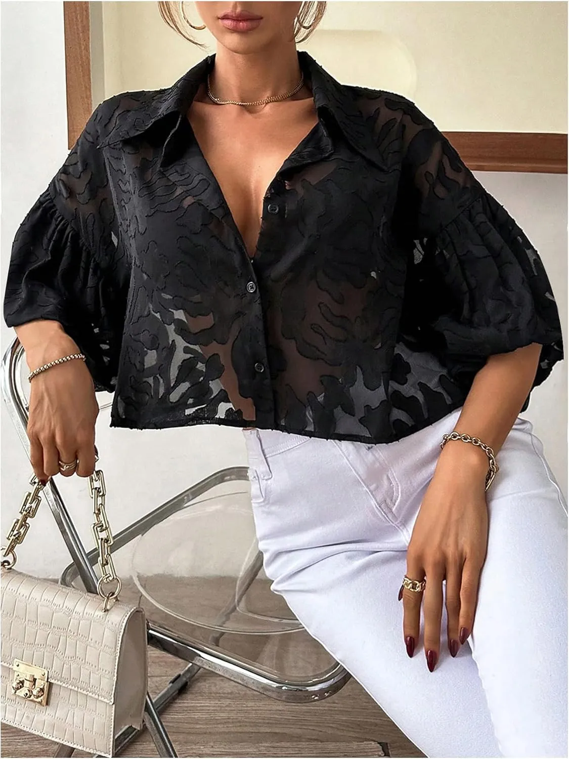 GORGLITTER Women's Sheer Mesh Cropped Button Down Shirts Lantern Sleeve Collar Blouse