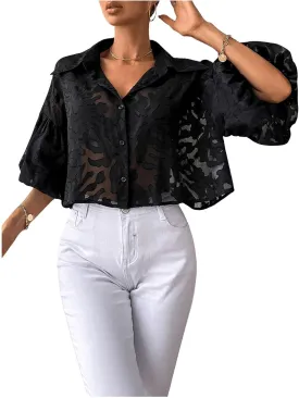 GORGLITTER Women's Sheer Mesh Cropped Button Down Shirts Lantern Sleeve Collar Blouse