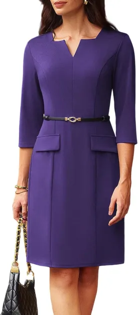 GRACE KARIN 2025 Women's 3/4 Sleeve Business Work Dress V Neck Bodycon Sheath Dress with Belt