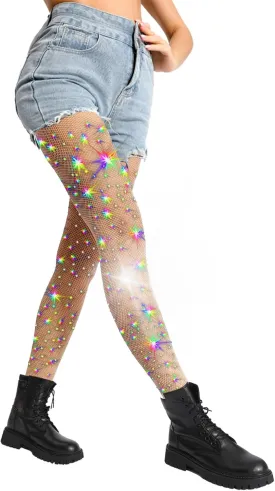 HONENNA Cowgirl Rhinestone Fishnet Tights & Sparkly Stockings for Women, Sexy Holographic Glitter Mesh Party Pantyhose